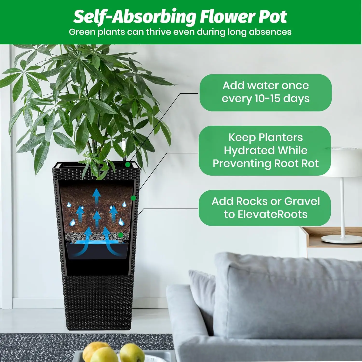 30 Inch Tall Planter Set of 2 Large Rattan Flower Pot with 2 Trays & a Water Level Monitor & Wheels Outdoor and Indoor for Patio