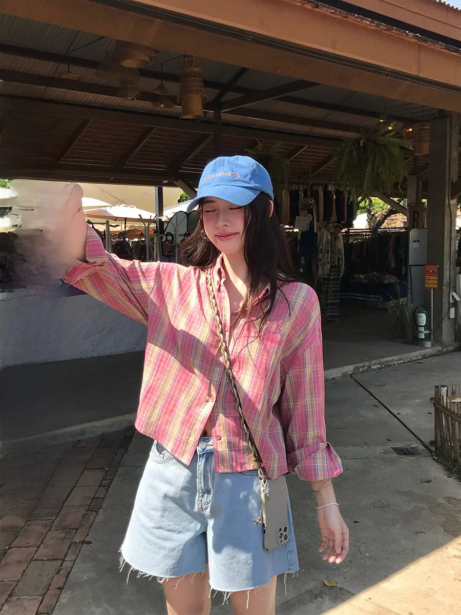 

Женская рубашка Sinbounboun с вышитыми буквами и клетчатым воротником, короткий рукав, хлопок/полиэстер, повседневная, с защитой от солнца