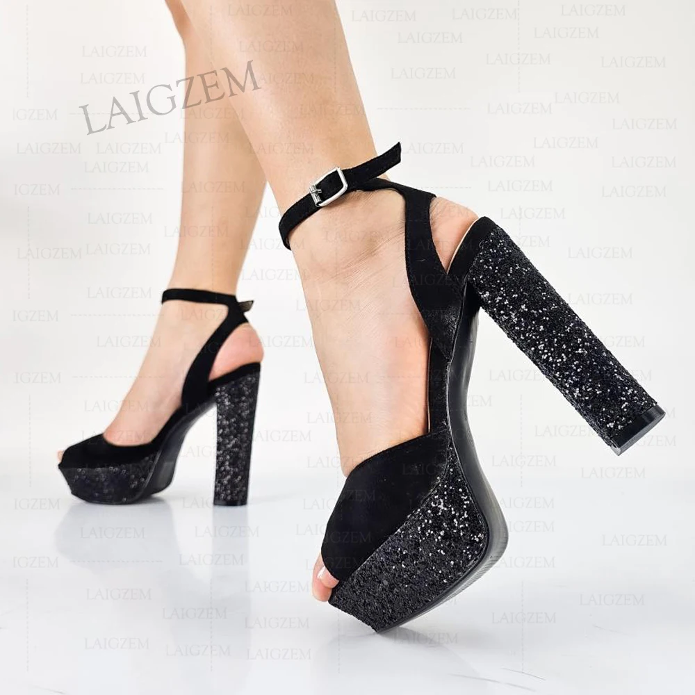 LAIGZEM Women Platform Sandals Faux Suede + Glitter Thick High Heels Sandals Handmade Pumps Shoes Woman Large Size 38 43 50 52 image 4