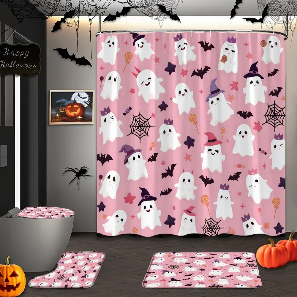 4 Pcs Pink Halloween Shower Curtain and Rug Set Funny Spooky Elf Spider Candy Shower Curtain Floor Mat Toilet Pad Bathroom Decor