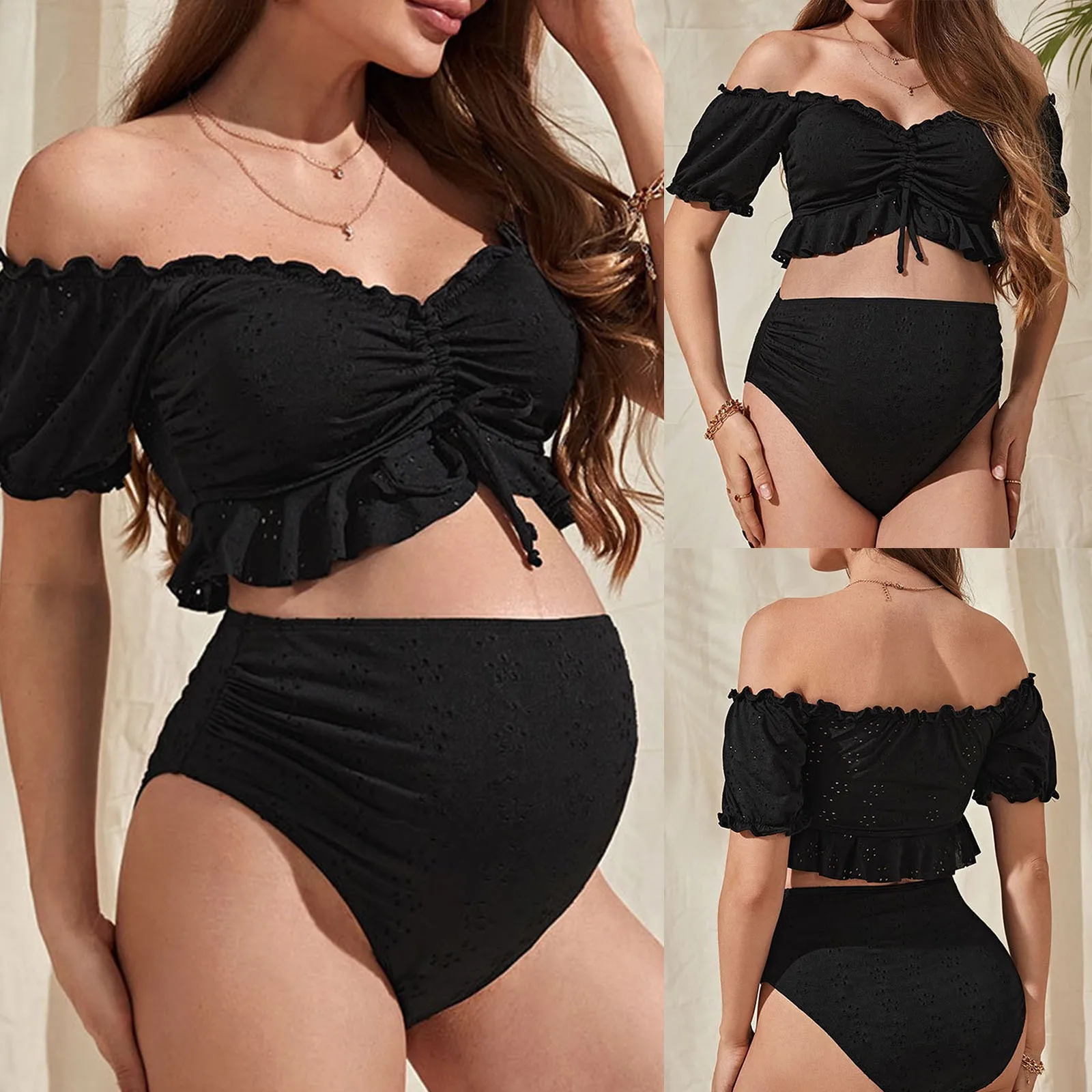 

Maternity Bikini Set Tie Front Off Shoulder Two Piece Swimsuit Pregnant Women Bathers Black Bathing Suit Summer Beach Swimwear