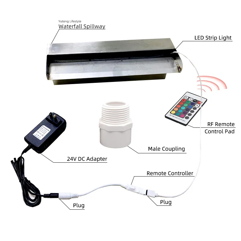 Edelstahl-Schwimmbadbrunnen, Wasserfall für Garten, Steingarten, Wasser, Landschaftsdekoration mit LED, buntem Wasservorhang