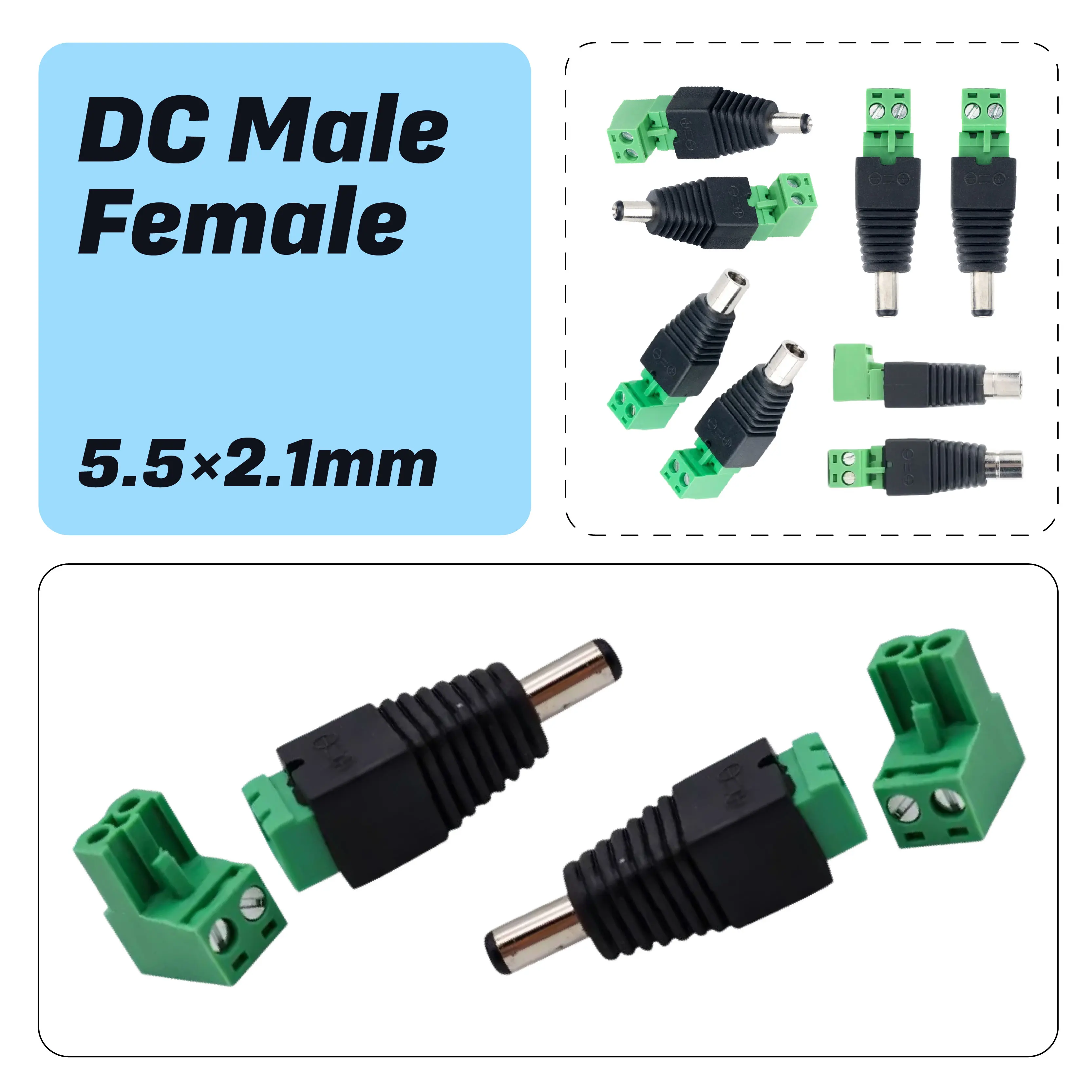 

Клеммная вилка, адаптер «папа/гнездо», питание постоянного тока, прямоугольный, 2,1 х 5,5 мм, вставной разъем для светодиодной ленты