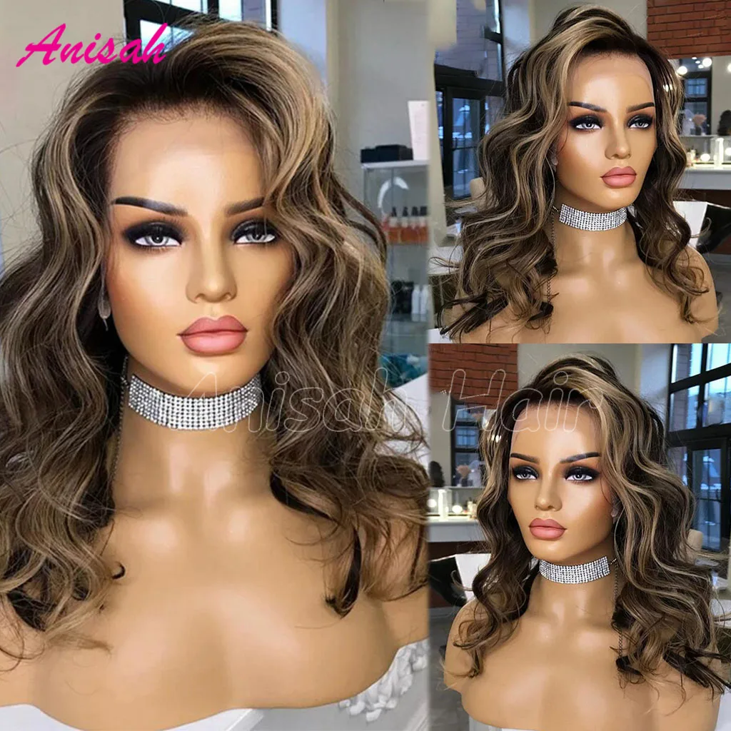 Abu pirang Wig tanpa lem rambut manusia gelombang tubuh transparan renda Frontal Wig Ombre renda depan Wig rambut manusia untuk wanita