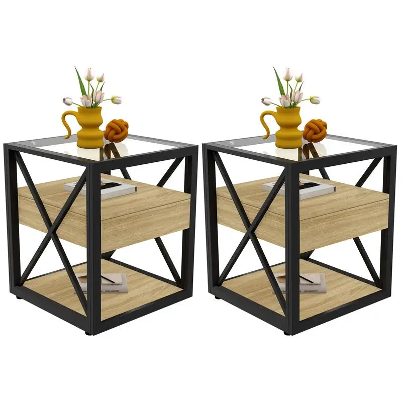 Set of 2 Modern End Tables with Drawer - Nightstand for Bedroom & Living Room, Natural Wood MDF & Tempered Glass Top,