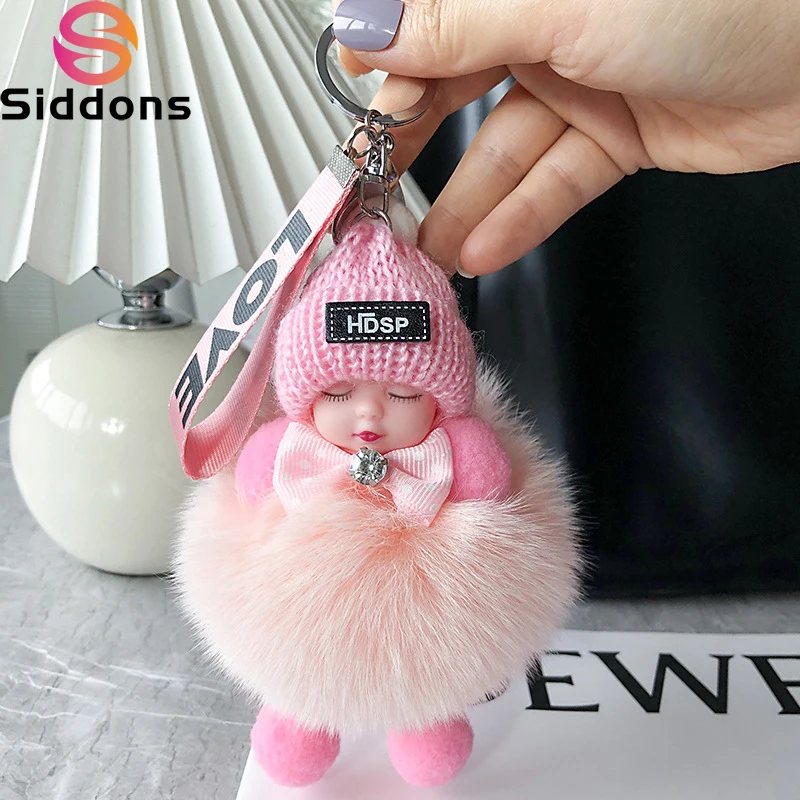 

New Cute Sleeping Baby Pompom Keychain Real Fox Fur Pendant For Women Bag Car Key Ring Girl Gift Charm Plush Doll Key Chain