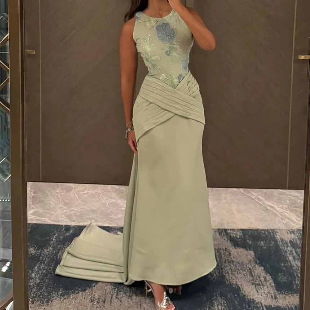 

Customized Mermaid Evening Dresses Floor-length O-neck Sleeveless Prom Gown Fashion Flowers Pleat Simple Draped Party Gown