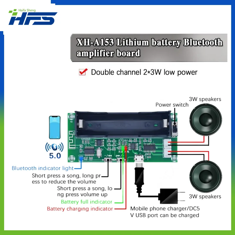 

XH-A153 Lithium Battery Bluetooth 5.0 Dual-channel 2 Ch Channel Stereo Low Power Amplifier Board 3W+3W DC 5V PAM8403 Chip