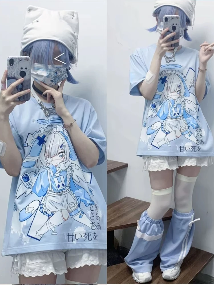 

Женская футболка в стиле Харадзюку с милым принтом японского мультфильма, кавайные субкультуры, гранж-футболки Y2k, эстетические синие летние уличные футболки