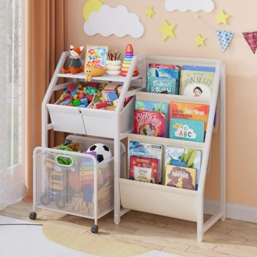 

Bookshelf and Toy Storage Organizer - 3 Tier Book Shelf for Rooms with Movable Drawer, Kid Bookcase with 2 Toy Bins, Toddler Ba