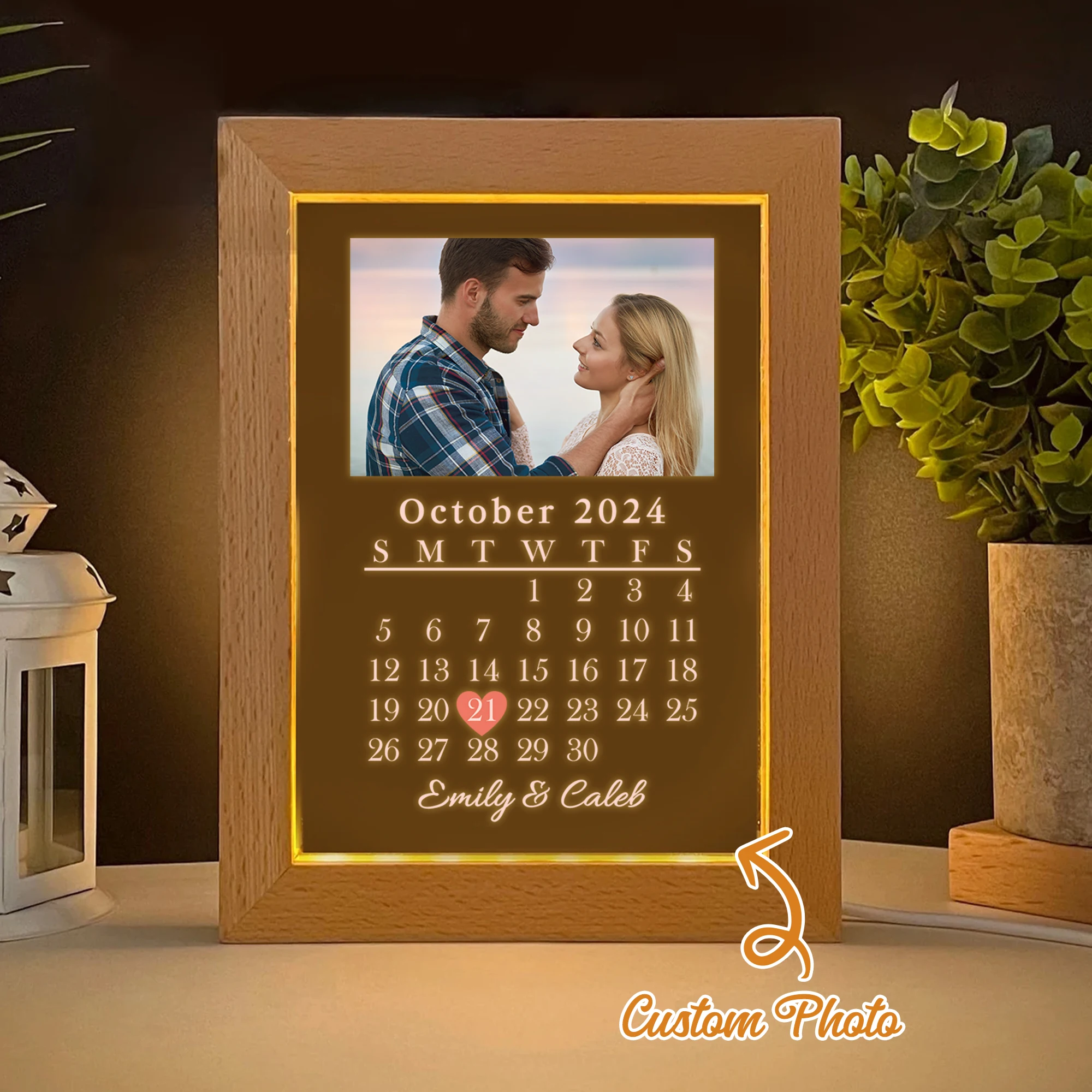 

2D Flat Custom Photo Couple Anniversary LED Acrylic Night Light Wood Photo Frame 21x17cm Bedroom Gift Home Decoration