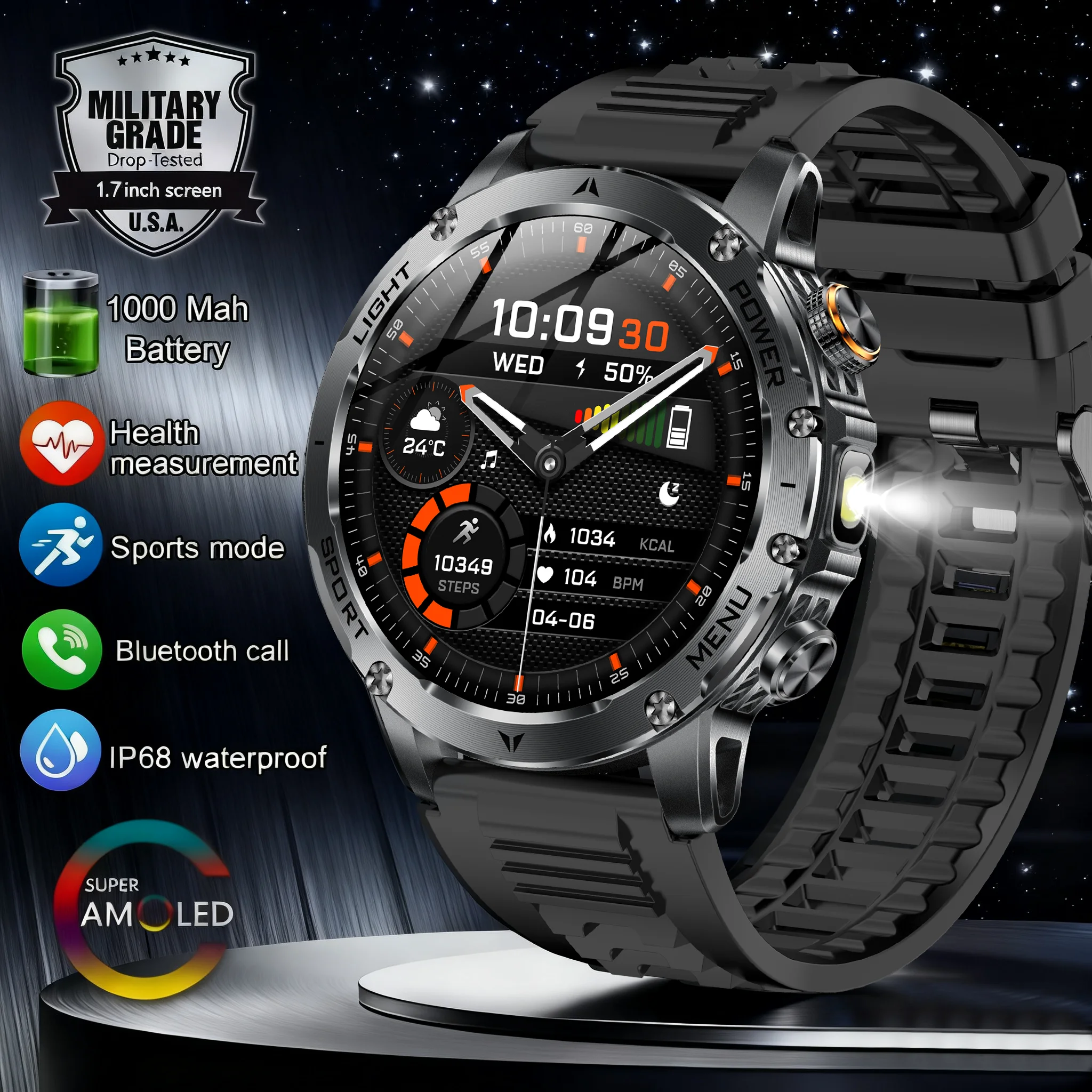 

Новые спортивные часы для активного отдыха 2026 года, аккумулятор 1000 мАч, водонепроницаемость IP68, 100+ спортивных режимов, измерение пульса, экран 1,7 дюйма