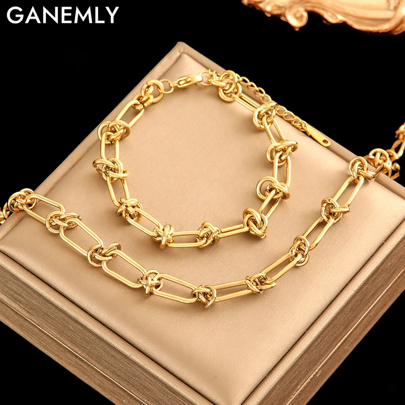 

GANEMLY 316L Stainless Steel Twisted Necklace Bracelet Set For Women New Trendy Twist Chain Waterproof Jewelry Set Wholesale