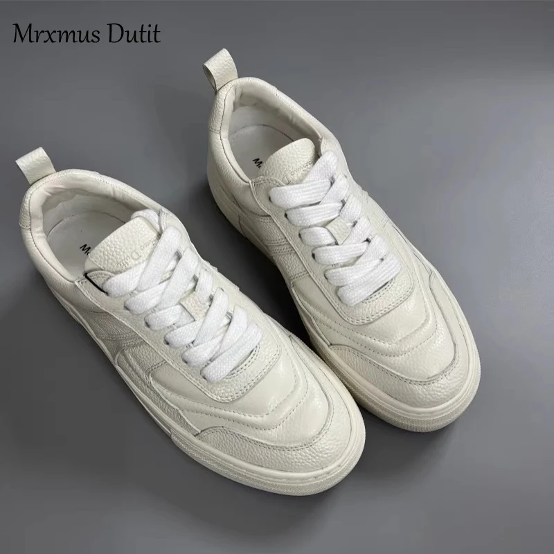 Mrxmus 2023 Women New Fashion Lacing Round Head Flat Thick Sole Sneaker Solid Versatile Casual Simple White Shoes Female Chic