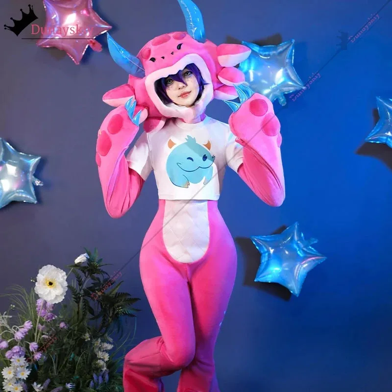Neeko Cosplay juego LOL Super Cosplay disfraz para fanáticos S-XXL mono rosa cubierta para la cabeza traje de cola Halloween Neeko lindo uniforme
