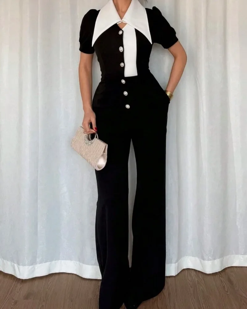GUWU Summer Fashion Donna Puff Manica corta Patchwork Bowknot Button Fly Tute a gamba larga Street One Piece Suit Pagliaccetti