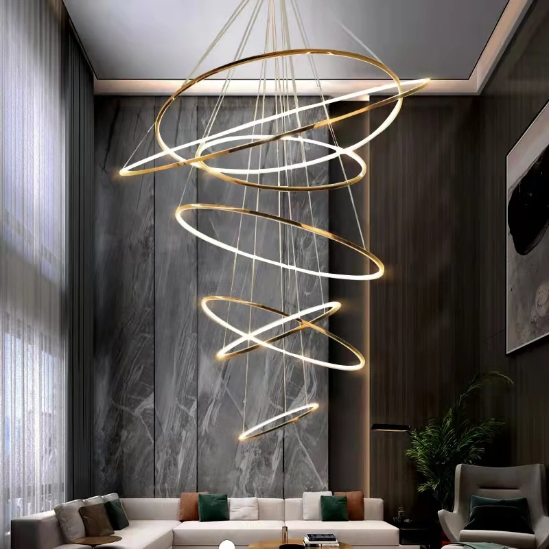 

100cm Circle Rings LED Stainless Steel Pendant Light Home Decor Hanging Chandeliers Living Room Villa Hall Stair Suspension Lamp