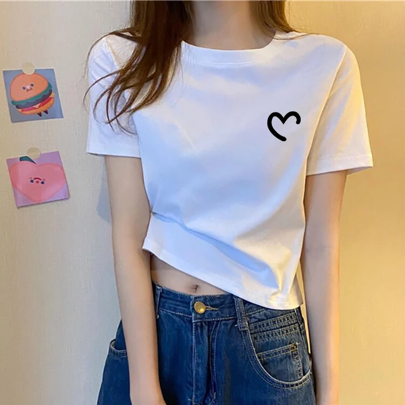 High-End Pure Cotton Slim Fit Short Sleeve T-Shirt Women Summer White New Style Versatile Casual Short Top round Neck Print
