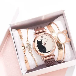 Reloj de pulsera de cuarzo para mujer, pulsera de malla, esfera de gato bonito, reloj de lujo informal, reloj Femenino