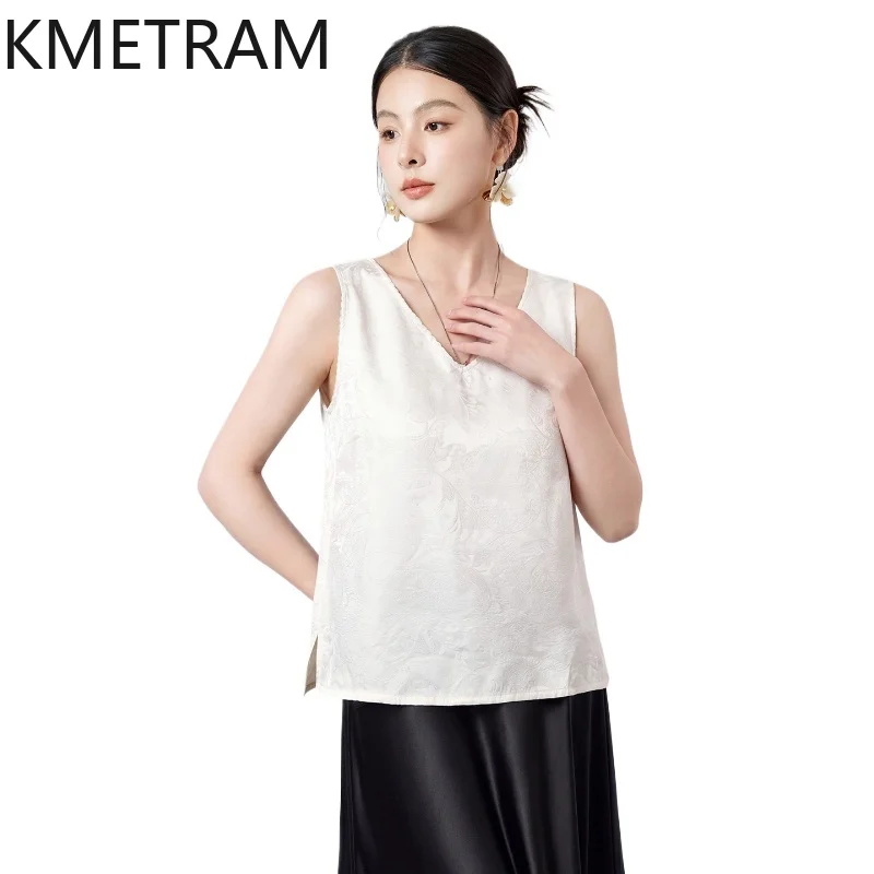 

KMETRAM 24.8% Mulberry Silk Women's Tanks V-Neck Jacquard Vest Real Silk Blend Loose Summer Tops for Woman Clothes 2026 cutecore
