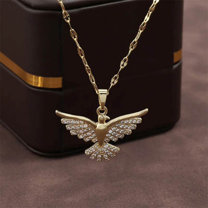 RAKOL 316L Stainless Steel Phoenix Eagle Pendant Necklace for Women 2023 New Trend Sweater Chain Jewelry Girl Party