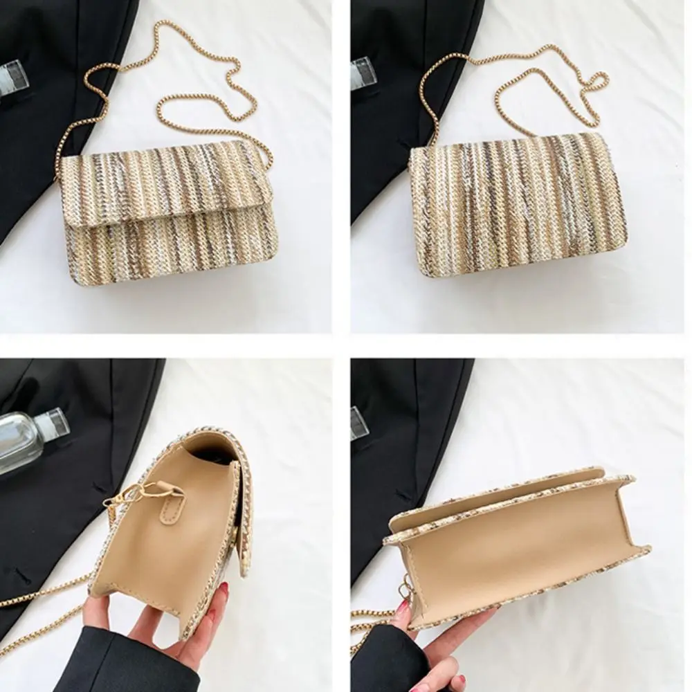 Modna torba na ramię w tęczowe paski modny pasek z łańcuszkiem etui plażowe Vintage słomiane torby typu Crossbody damskie letnie torebki plażowe