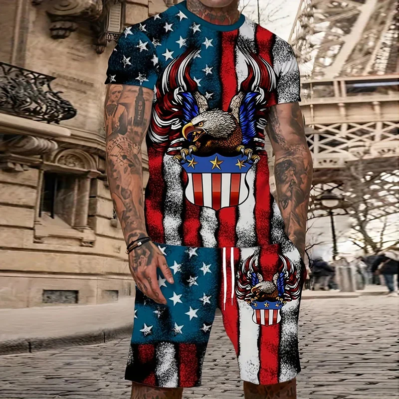 2025 Fashion Men's Suit Printed Vintage Eagle Pattern Summer Casual Breathable Sports Running Suit Oversized Men's Top Y2K Style
