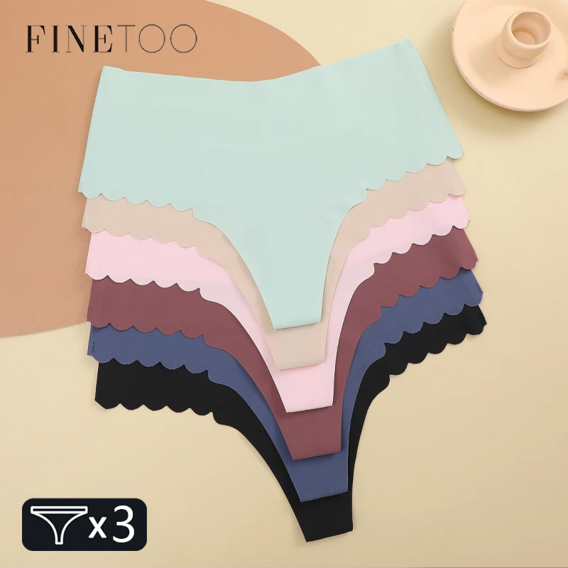 FINETOO 3 szt. Bezszwowe majtki damskie z falbanami Sexy lodowy jedwab wysoki stan stringi damskie wygodne elastyczne S-XXL bielizny stringowej