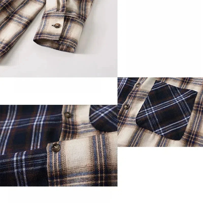 Contrast Color Turn-down Collar Button Up Long Sleeve Plaid Cardigan Casual Shirt Fashion Women\'s Clothing Spring Autumn Tops