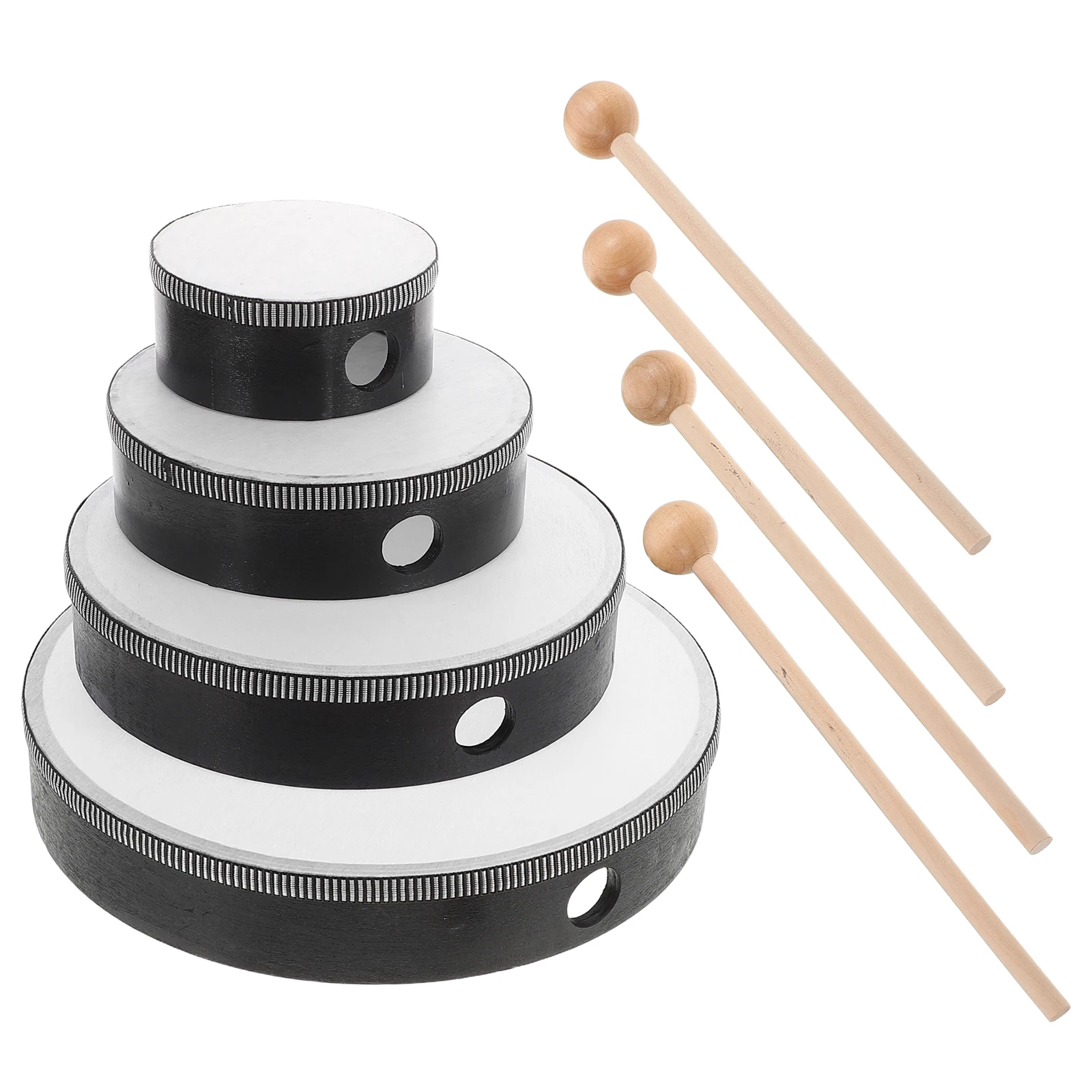

4 set 4 Sizes Hand Drum Set 4inch 6inch 8inch 10inch Black Natural Wood Kids Percussion Instruments Musical Education Mini Drums