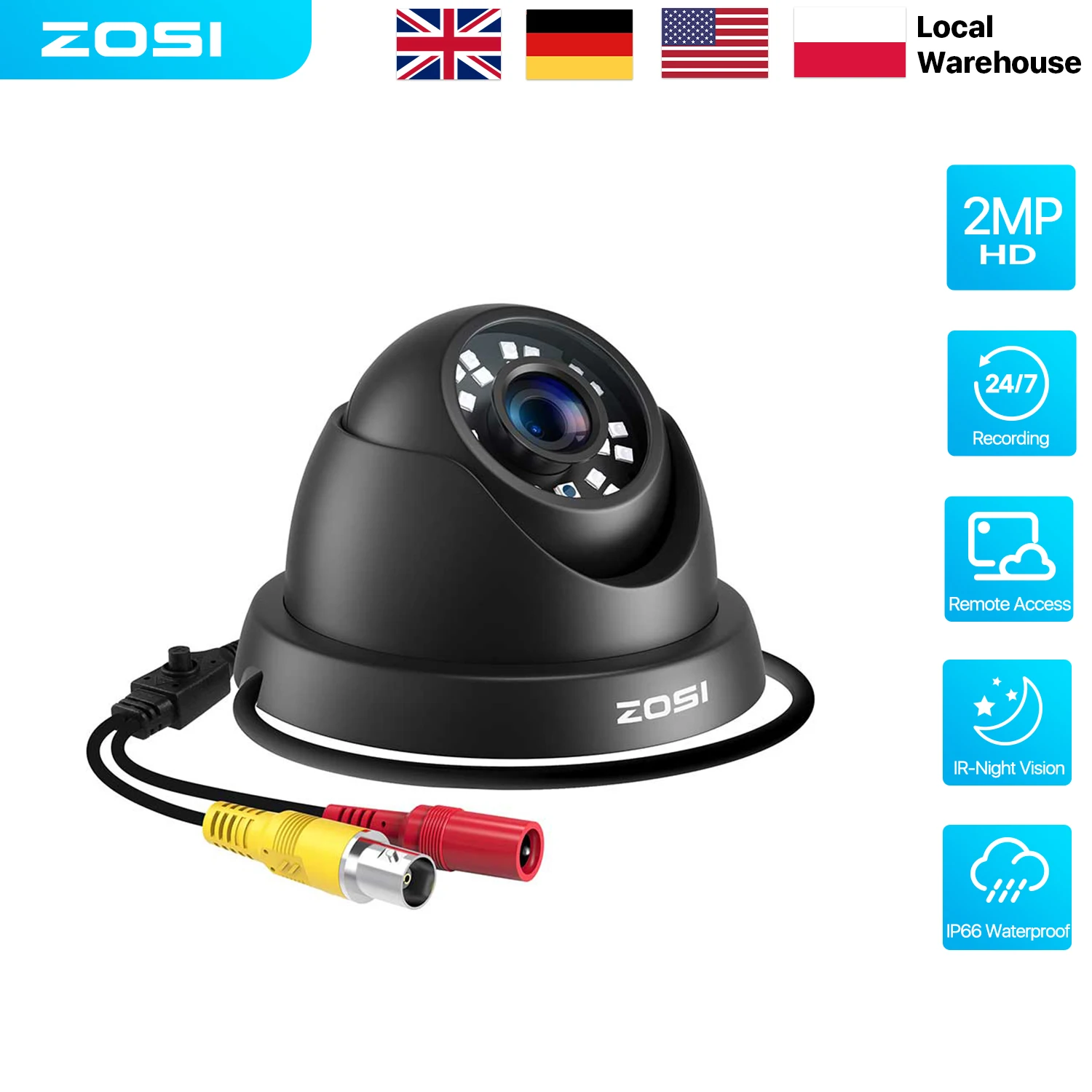 ZOSI 2MP CCTV Security Camera 1080P HD 4-in-1 AHD TVI CVI CVBS Weatherproof Home Dome Video Surveillance Camera for DVR System