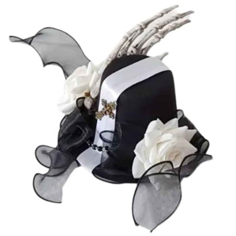 Dark Ribbon Top Hat Hair Clip Halloween Top Hat Black Headwear Skull Hairpin