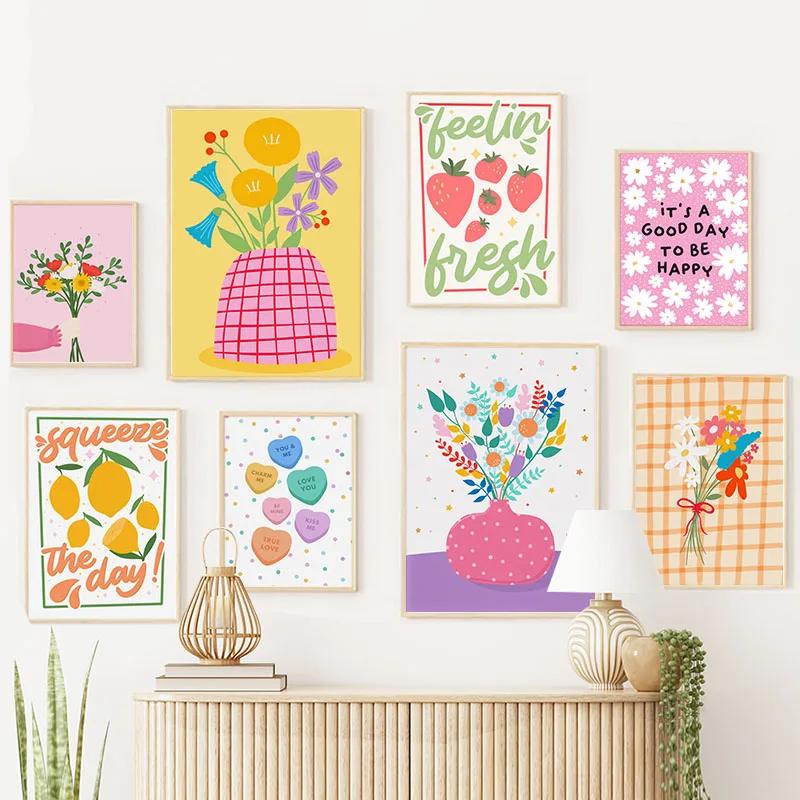 Boho Vase Flowers Leaf Lemon Fruit Illustration Wall Art Canvas Painting Nordic Poster And Prints Pictures For Living Room Decor