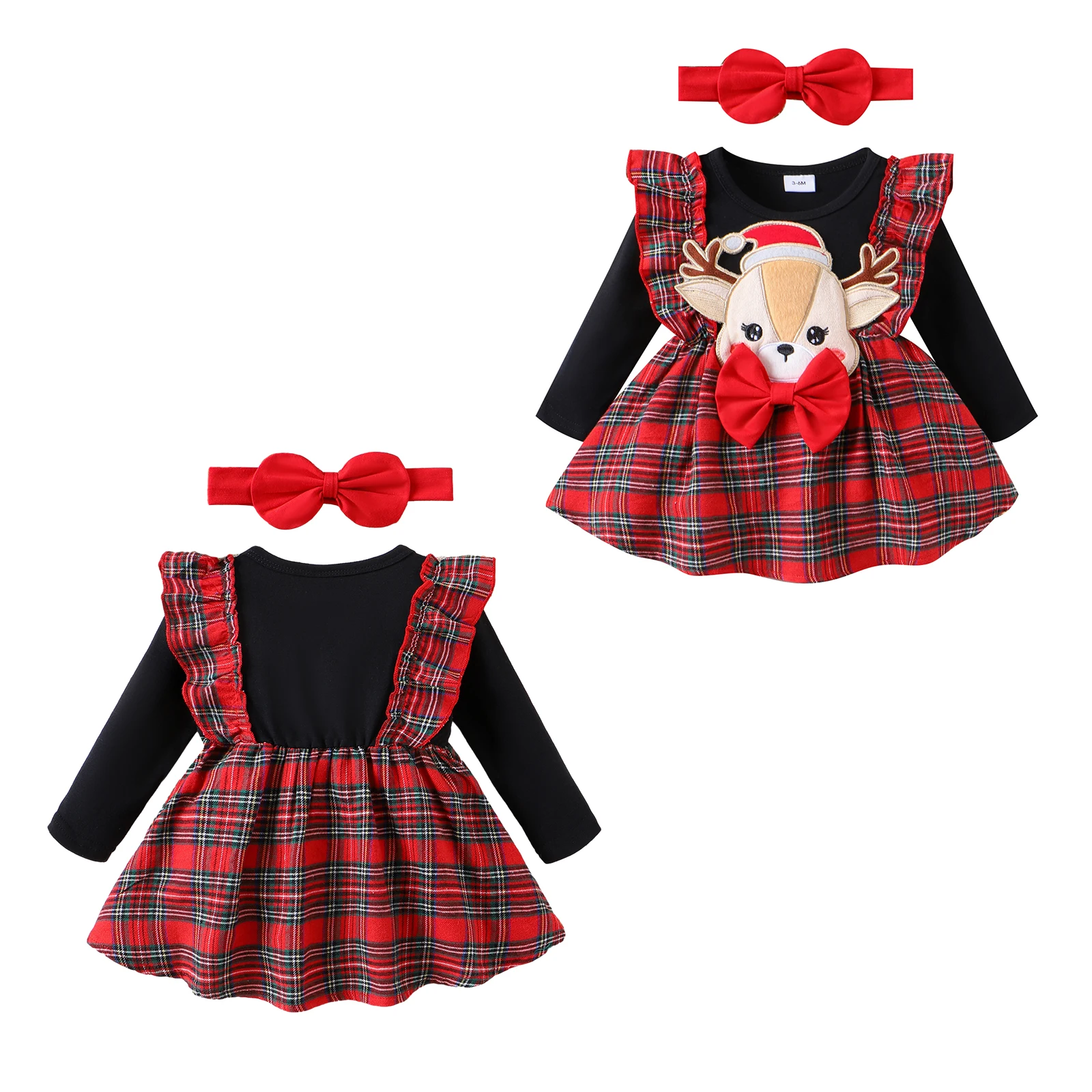 Christmas Baby Girl Clothes Sets Knit Red Romper Deer Plaid Skirts Headban Xmas Outfits Costume