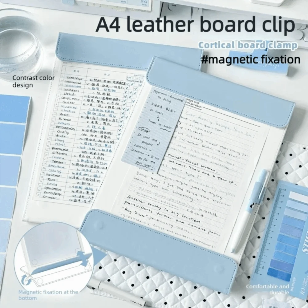 A4 size Leather Clipboard Contrast Color Widening Design Clipboard Folder Magnetic Closure Single Clip A4 Clipboard Office Use