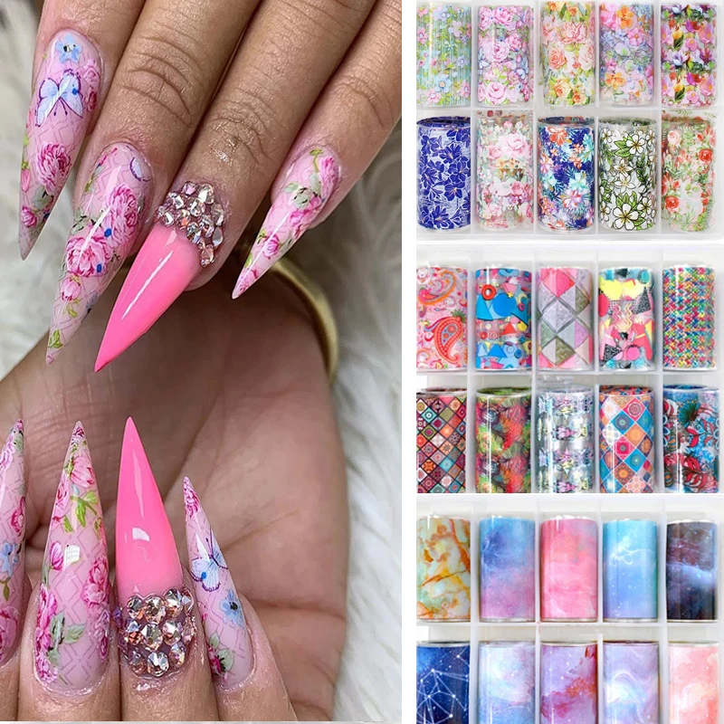 10 Rolls Flower Angel Nail Foils Transfer Paper Stickers Bohemia Sliders Adhesive Wraps DIY Marble Decal Nail Art Decorations