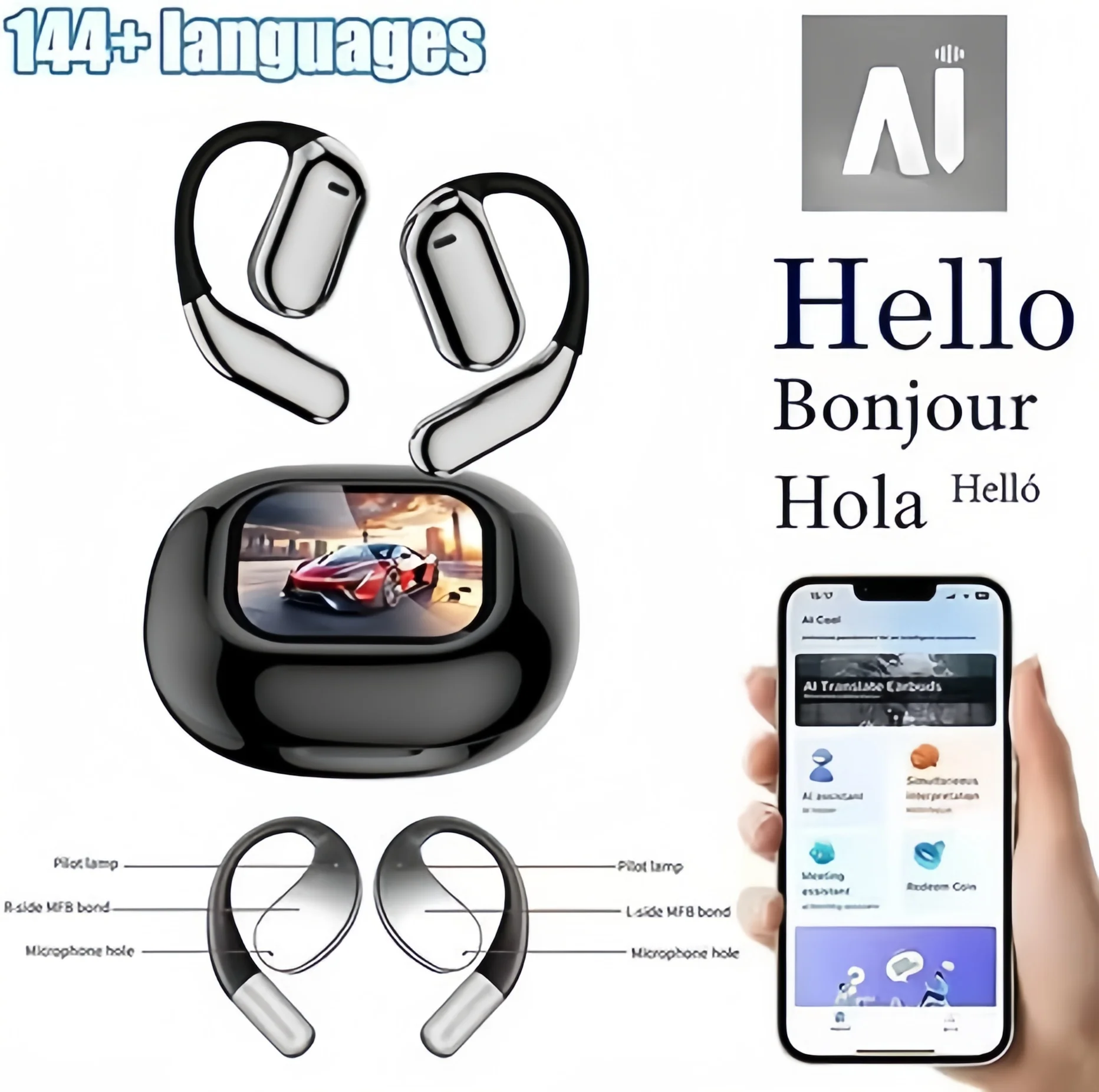 AI Translating Earbuds Real-time 144 Languages Translation Earphone Touch LCD Screen OWS Open Ear Wireless Headphone HiFi Stereo view 2