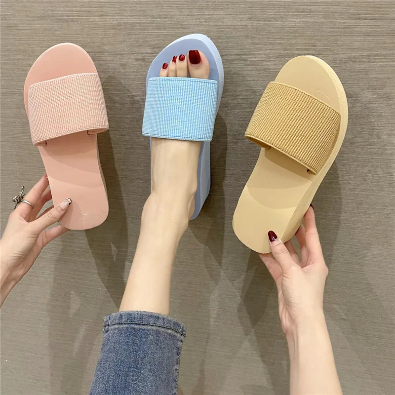 COOTELILI 2022 New Fashion Slippers Women Shoe Platform Round Toe Summer Women Slippers Blue Pink Yellow 5cm Heel 35-40