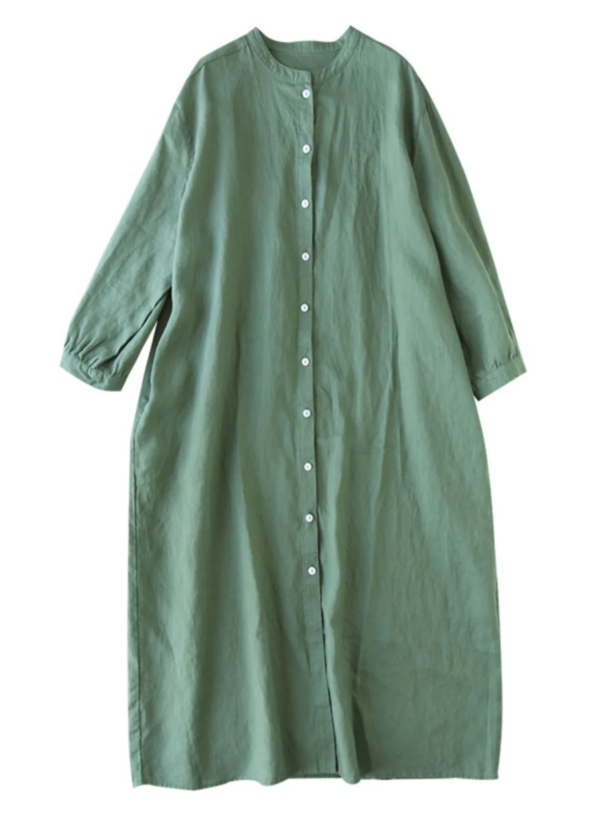 Women's Long irt Dr Pure Linen Cotton Linen Loose Fit Stand Collar Summer 2024  Color Casual Forest System
