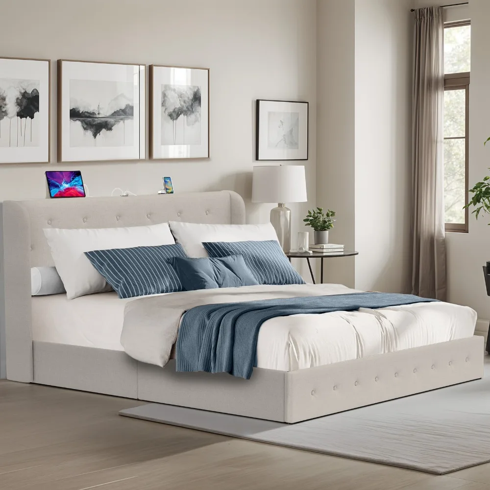 

King Size Bed Frame Beige Built In Platform Upholstered Headboard Lift Storage