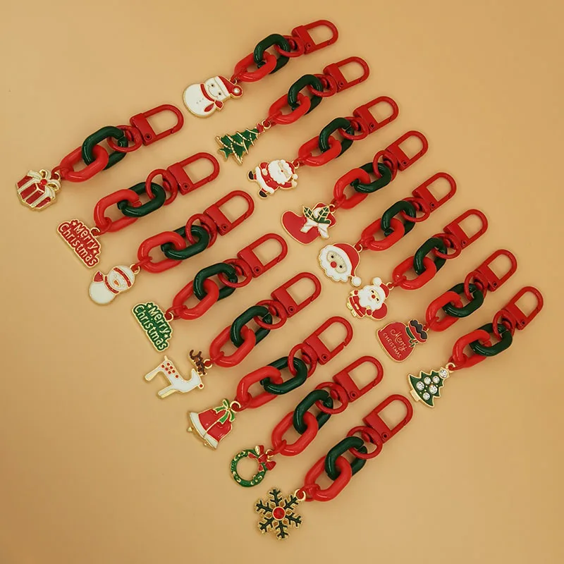 LLavero de cadena cubana entrelazada gruesa de dos tonos para mujer, elemento de Navidad, decoración de mochila, llavero de Navidad, europeo y americano