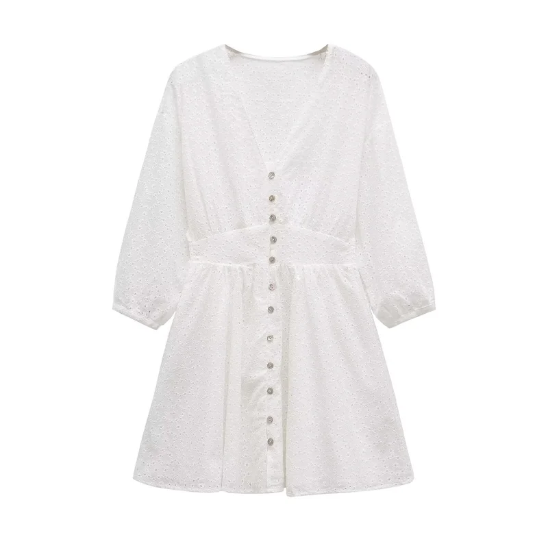 فستان ETJ 2025 ربيعي أنيق للسيدات على طراز العطلة من القطن المطرز بخصر على شكل حرف V