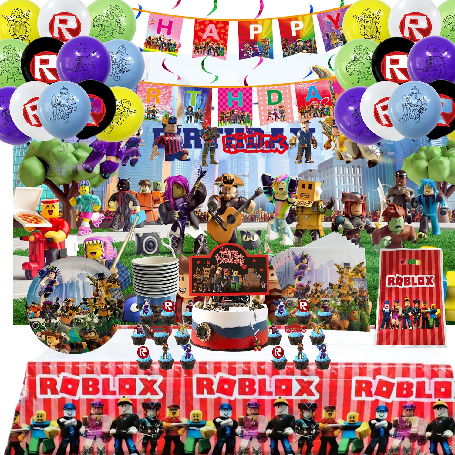 

Hot Robot Roblox Kids Birthday Party Supplies Set Disposable Tableware Roblox Paper Plates Cups Balloons Baby Shower Party Decor