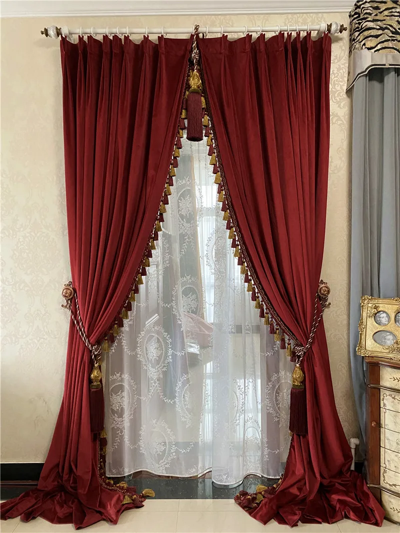 

Custom Size European Luxury Retro Red Velvet Curtains for Living Dining Room Bedroom Blackout Drapes Window Decor Elegant