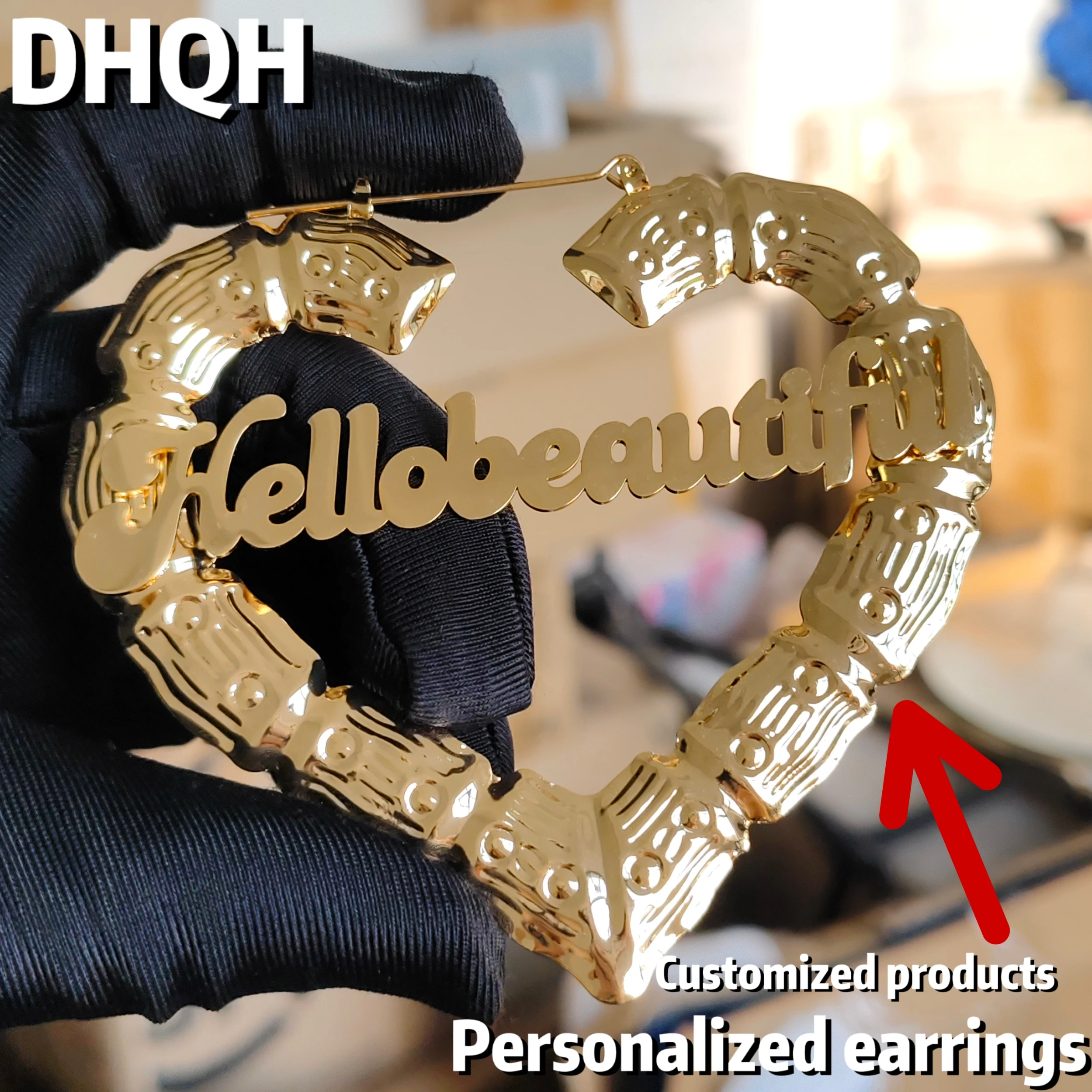

Wholesale 90mm Customized Name Heart-shaped Bamboo Knot Earrings Customized Letter Heart-shaped Earrings Gift Factory Direct