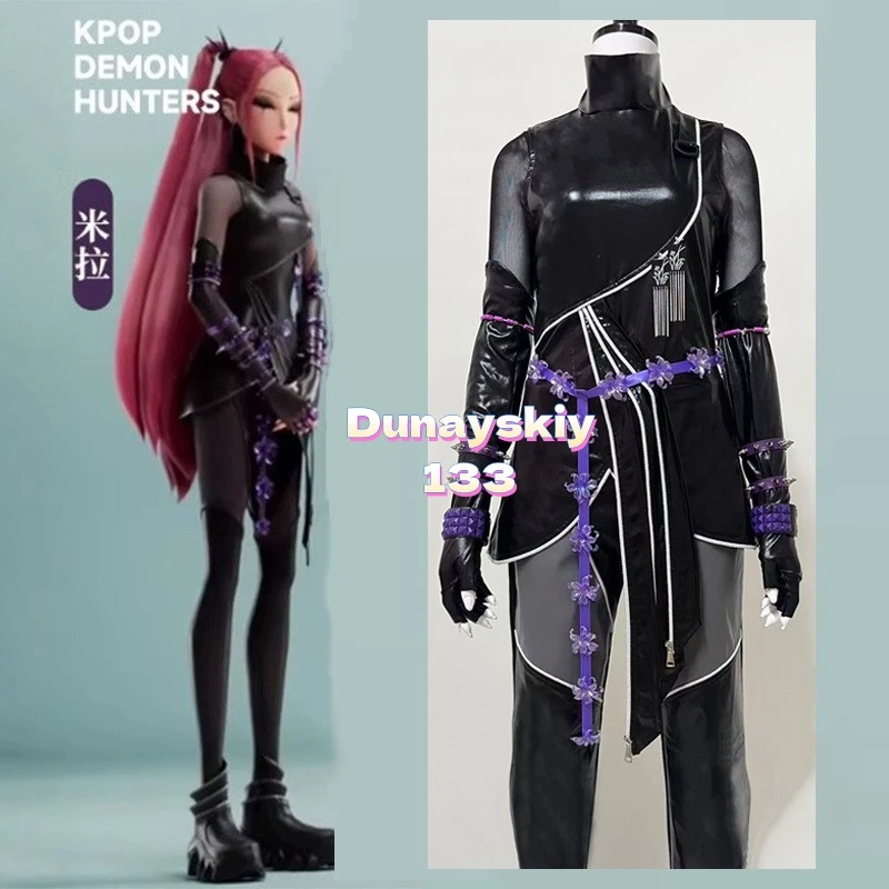 Disfraz de Kpop Demo Mira Huntrix para mujer y niña, Top de cuero, pantalones, traje de actuación perfecto para cazadores de Carnaval de Halloween