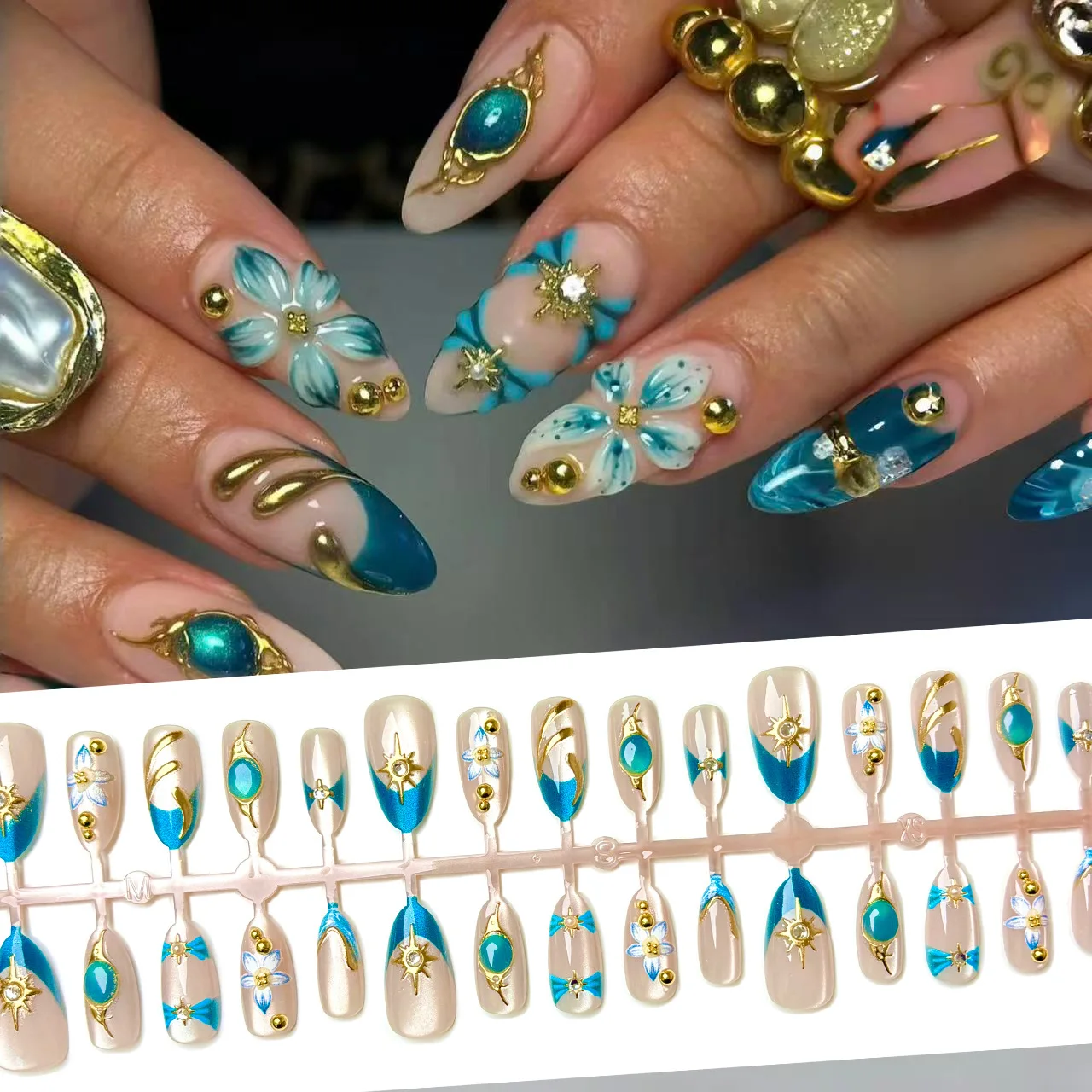 High-quality Tiffany blue gilt French wearable nail polish, a popular cross-border nail patch wholesale in Europe and America, versatile and hot girls