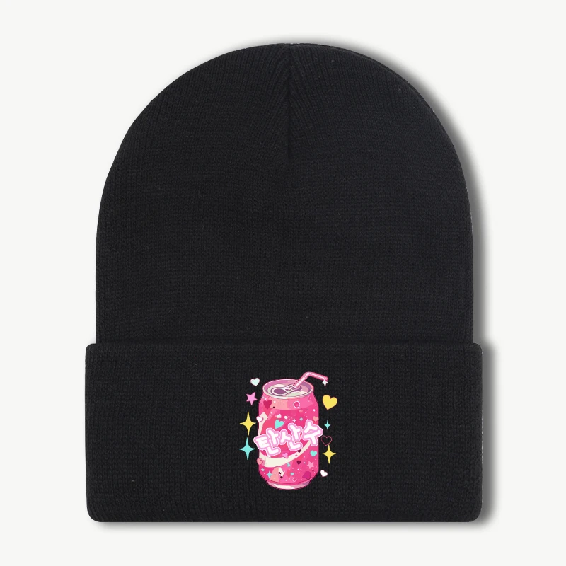 Shimmering Pink Drink Print Knit Beanie Warm, Comfortable, and Highly Stretchy Beanie Sweet, Cute, Shimmering, Fashionable, and
