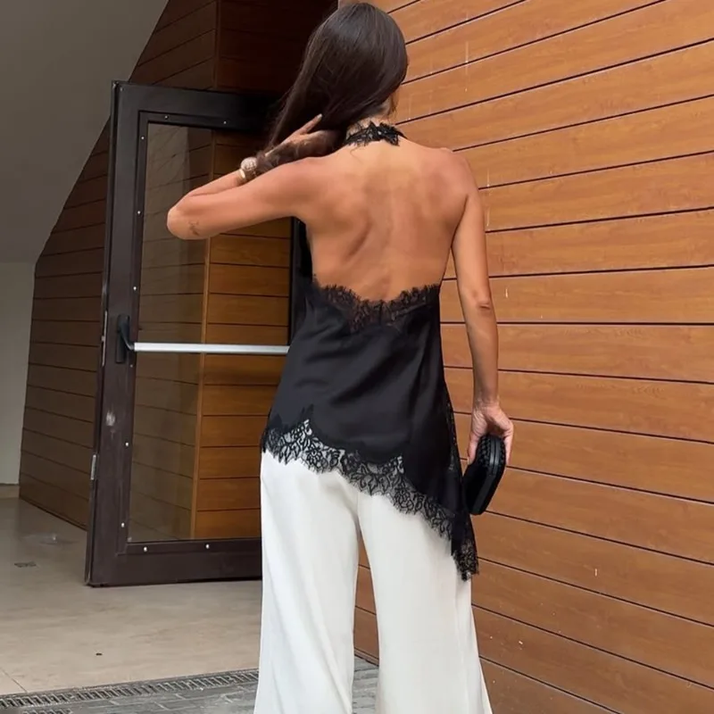 Tuularose Black Lace Vest Fashion Sexy Sleeveless Neck Backless Lace Patchwork Top High Street Party Looks Women's Lace Tank Top