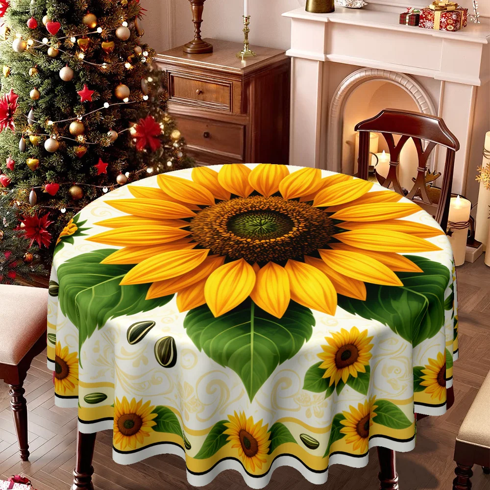 Sunflower pattern round tablecloth - bright yellow and green floral design, durable polyester fabriczyc